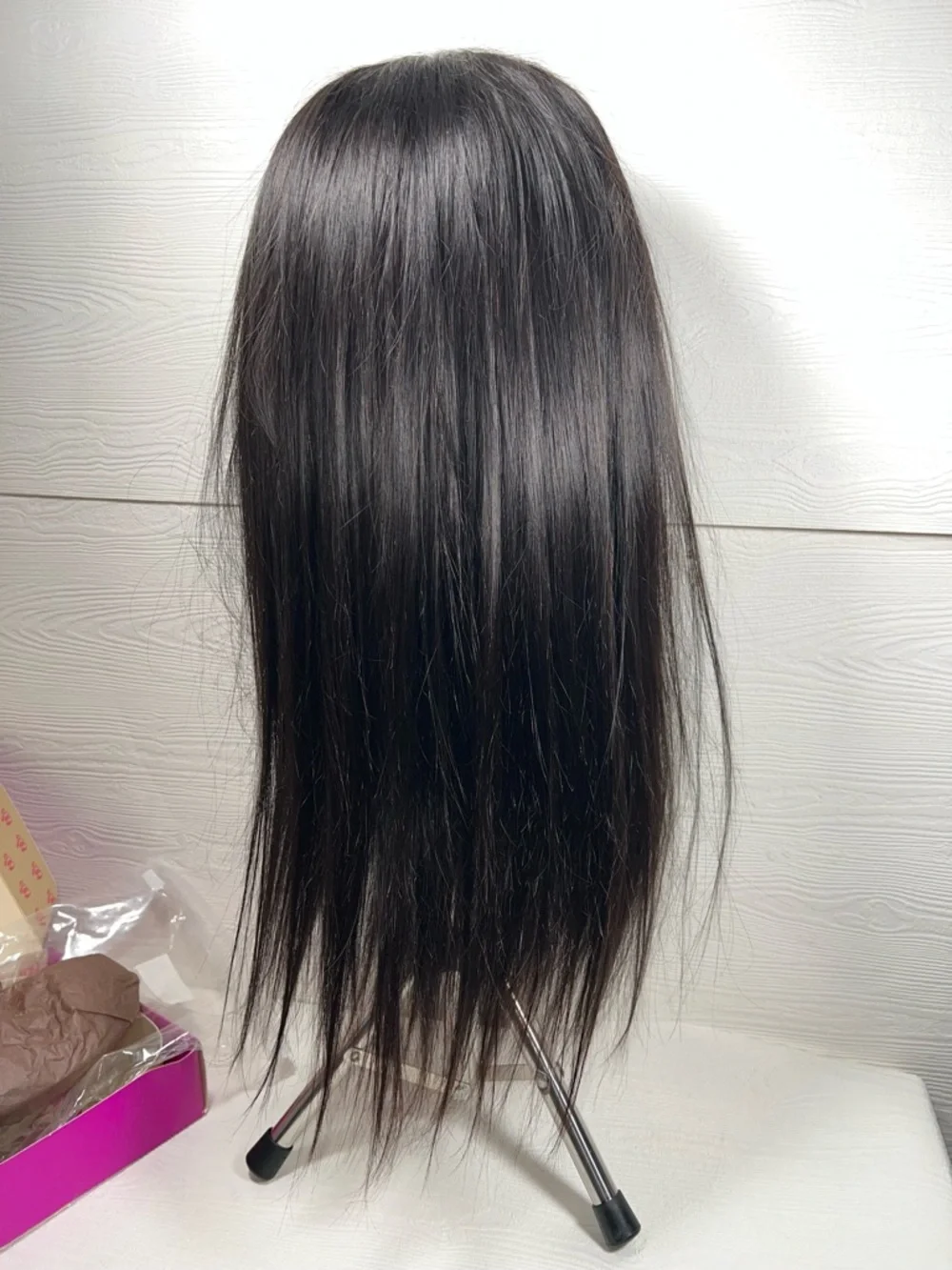 Natural Black Human Hair Straight Glueless Pre Cut 20 Inch Wig
